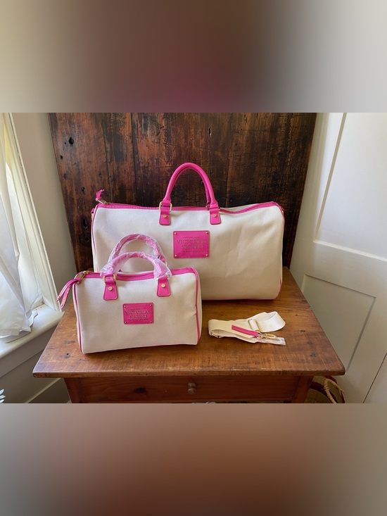 Victoria's Secret Handbags - Victoria's Secret Weekender Duffel Bag Canvas Cream Hot Pink Y2K Travel Satchel